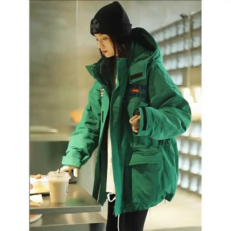 Europe Autumn Winter New Cotton Padded Jacket College Women Hooded Cargo Parkas Warm Loose Casual Versatile Outdoor Overcoat