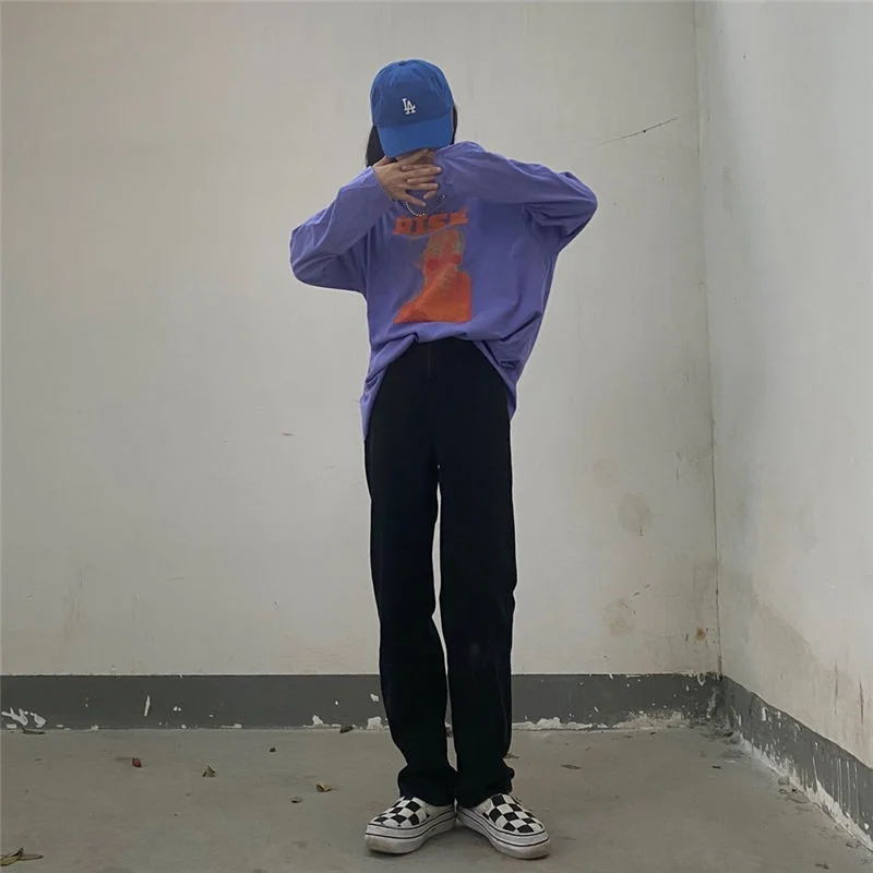 Women High Waist BlackJeans Fall Solid Loose All-match Denim Trousers Ladies New Simple Basic College Straight Full Length Pants