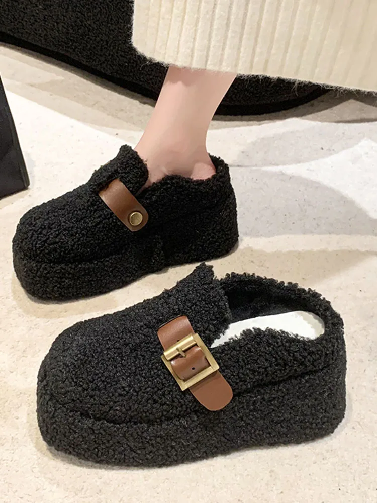 

Female Shoes Ladies' Slippers Flock Cover Toe Platform Shallow On A Wedge Women Heels Fur Flip Flops 2023 Flat High Plush Slides