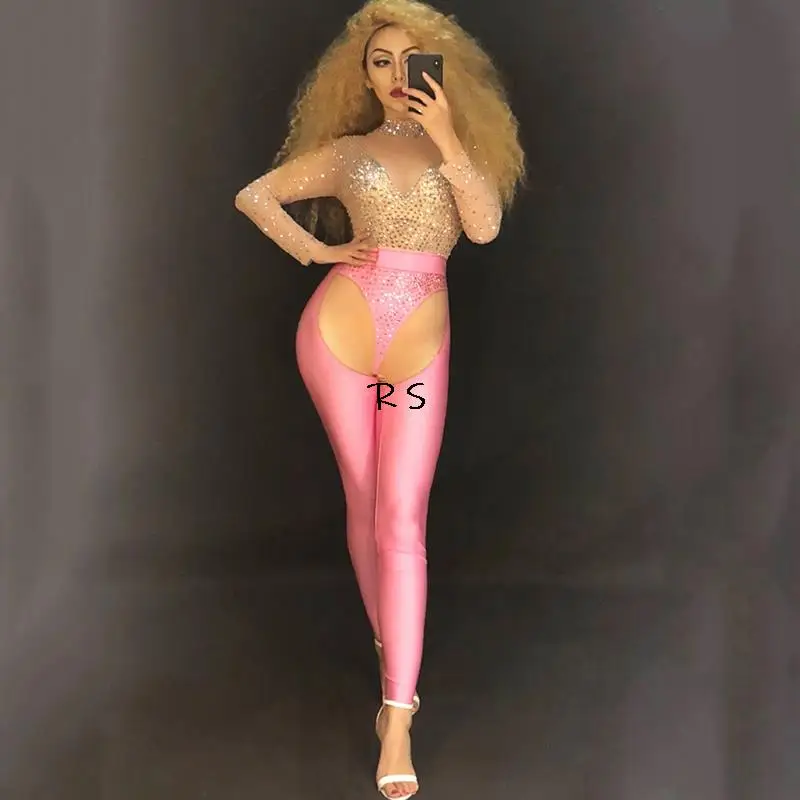

Sexy Mesh Rhinestones Jumpsuit Women Birthday Stretch Pink Leggings Outfit