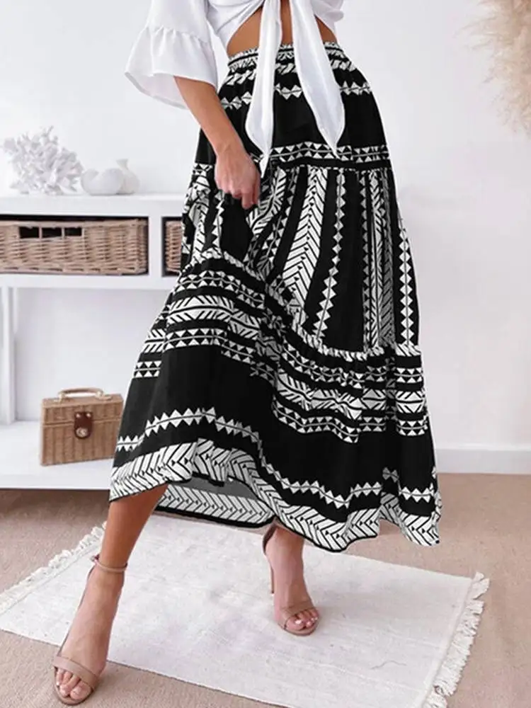 

Women Fashion Holiday Skirts Bohemian Summer 2022 Printed Maxi Vestido Elastic Waisted Sundress ZANZEA Casual A Lien Robe Longue