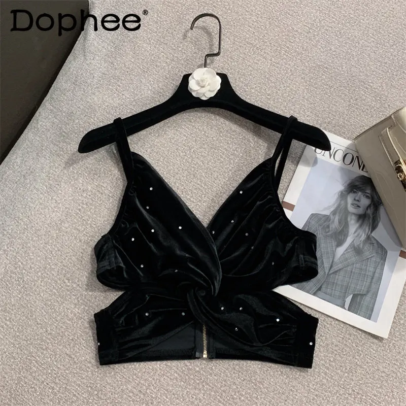 

2022 Autumn Winter New Collection Sleeveless Ruched V Neck Diamonds Black Velvet Camis Women