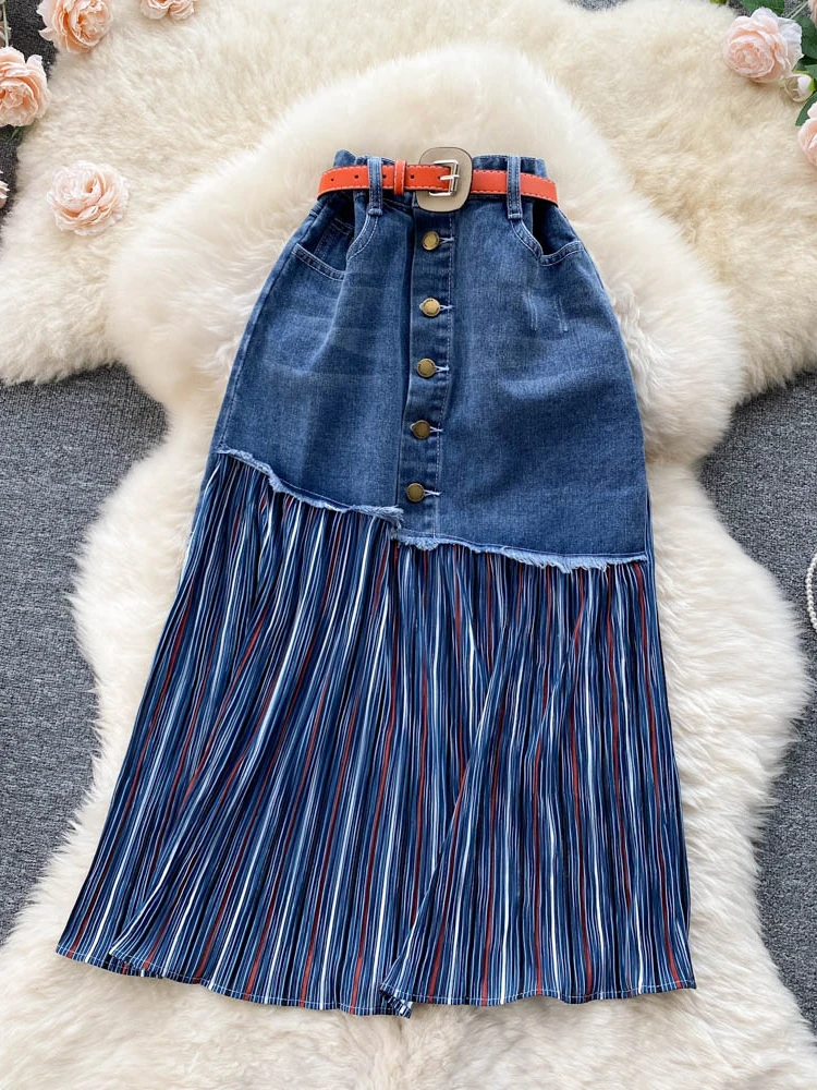

LY VAREY LIN New Spring Summer Women Casual Chiffon Patchwork Denim Skirts with Belt Lady Fashion High Waist A-line Blue Skirts