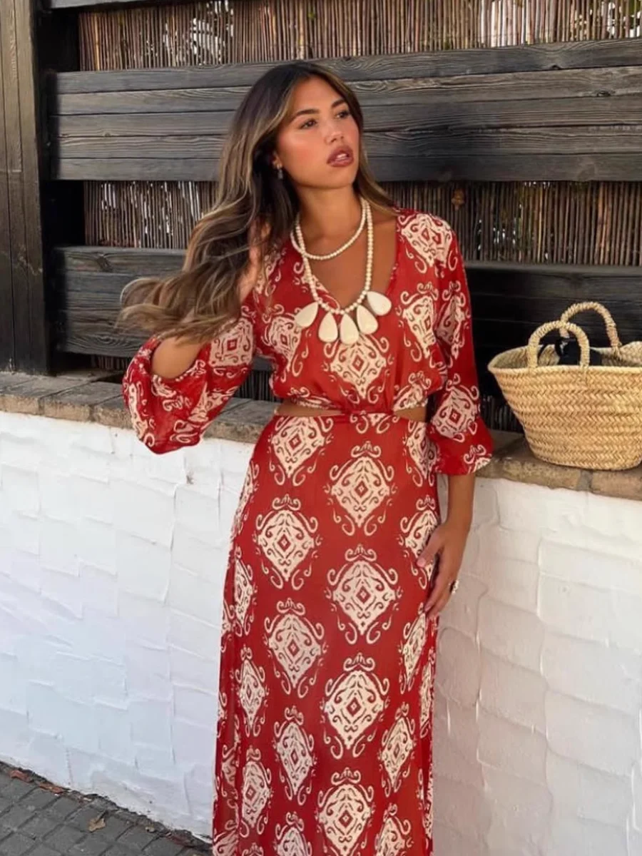 

Geometric Print Cut Out Midi Dress Summer V-Neck Long Sleeve A-line Long Vestidos Female Boho Beach Holiday Dresses Chic 2023