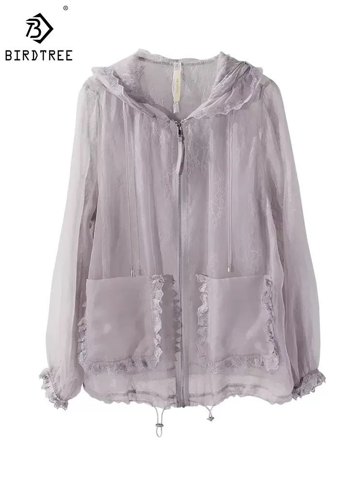 Женская Солнцезащитная рубашка BirdTree из 100% натурального шелка кружевная вышивка