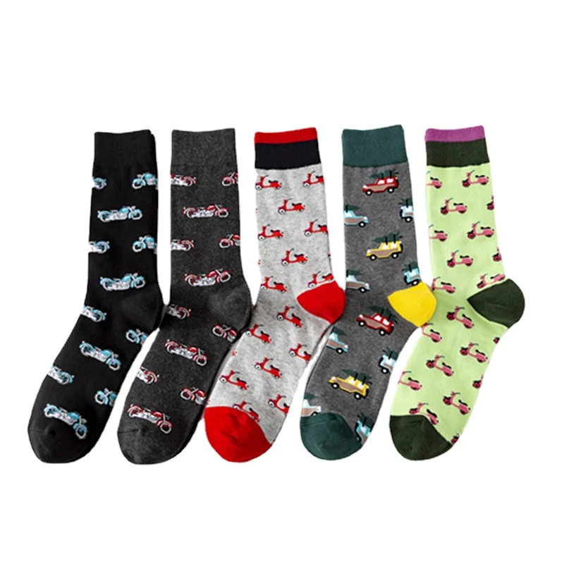 

10 Pairs/Lot Colorful Happy Medium High Tube Cotton Socks Large Size Motorcycle Pattern Personality Trend Men's Socks Wholesale