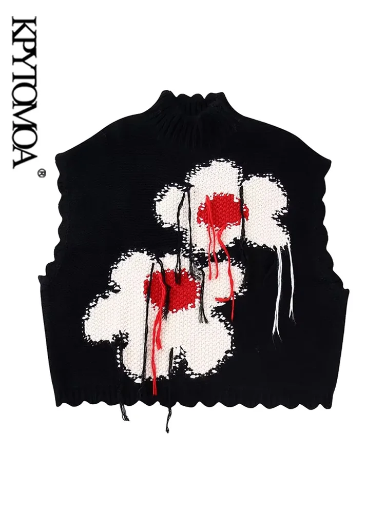 

KPYTOMOA женский модный С Бахромой Цветочный жаккардовый Вязаный Свитер оверсайз винтажный с ложным воротником без рукавов женский жилет шика...