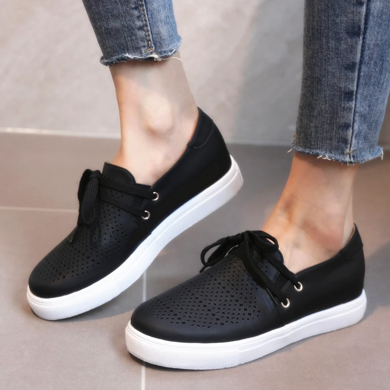 

Women's Casual Shoes Fashion Round Toe Solid Color Hollow Breathable Flats Simple Lightweight Lace-up Loafers Sapatos Casuais