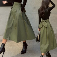 new women spring skirts fashion solid color long skirt female autumn wild high waist big swing bow slim casual army green skirts