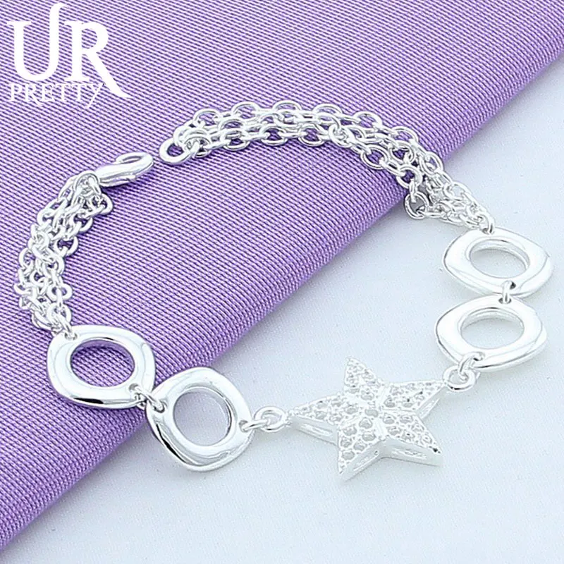 

URPRETTY 925 Sterling Silver Hollow Star Square Chain Bracelet For Women Wedding Engagement Charm Party Jewelry