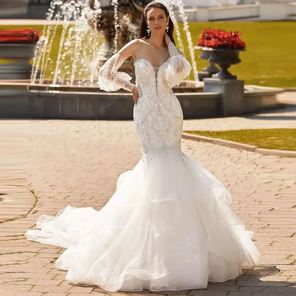 

Sevintage Luxury Mermaid Wedding Dresses Lace Appliques Beading Puff Sleeves Bridal Dress Tiered Ruched Pleat Ruffles Bride Gown