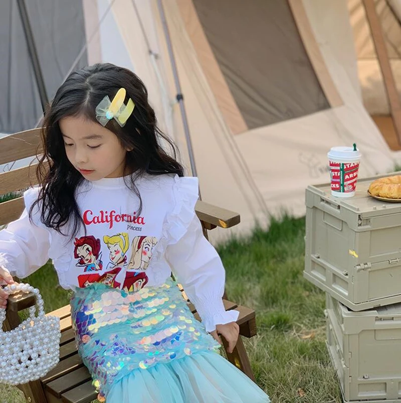 

Girl’s Puff Sleeve Cartoon T-shirt Spring Children Fashion Long Sleeve Cotton T-shirt Baby Wearing Knitwear Kids Bottoming Shirt