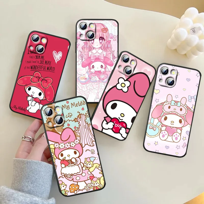 

My Melody Cute For iPhone 14 13 12 11 Pro Max XS Max X XR 7 8 Plus 6S 5S Silicone Black Shell Phone Case