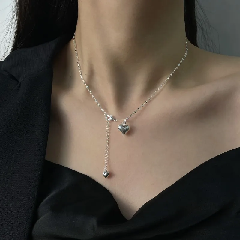 

S925 Sterling Silver Double Love Necklace Female Minority Design Ins Cold Wind Lucky Letter Card Heart-shaped Clavicle Chain