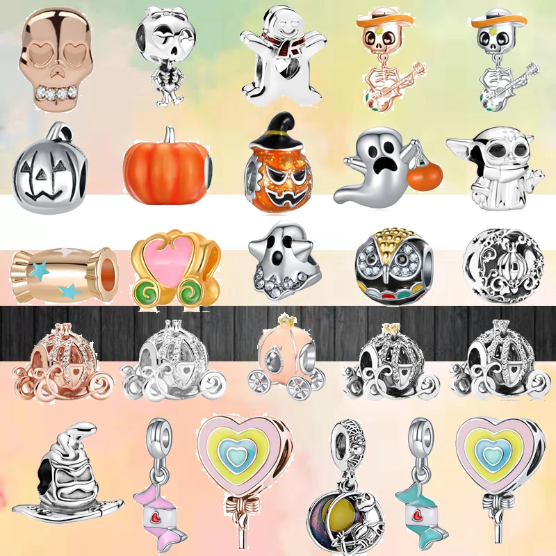 

New Halloween Pumpkin Car Ghost Candy Pendants Beads Fit Original Pandora Charms Silver Color Bracelets Women Girl Jewelry Gitfs