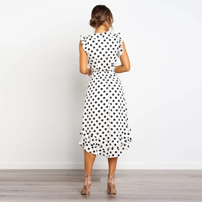 

European and American Polka Dot Short Sleeve Dress Retro Hepburn Style Waist-Controlled Lace-up over-the-Knee Ruffled Mid-Length