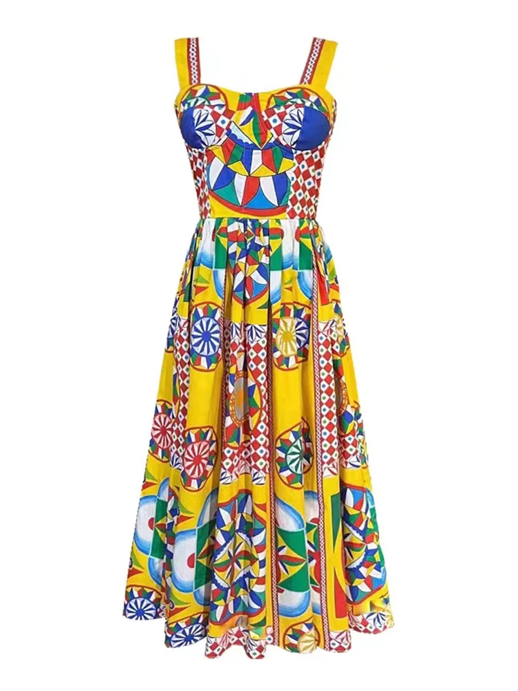 

Женское платье с завышенной талией, свободное платье с геометрическим принтом, открытыми плечами и лямкой на шее в стиле ретро, лето 2019