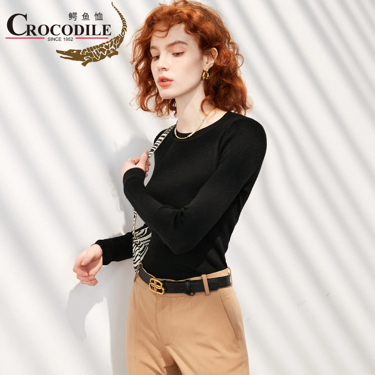 

Crocodile 2022 Autumn Winter New Round Low Neck Pullover Contain 5% Cashmere Women Sweaters Casual Solid Black Female Basic Top