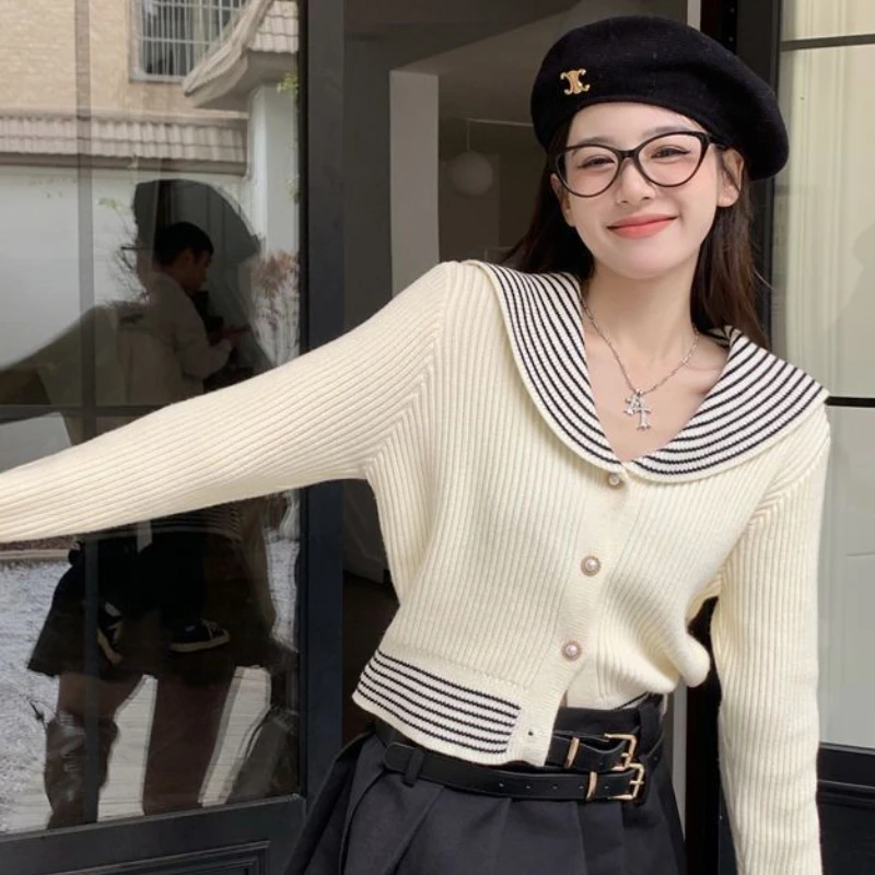 

Мягкий Вязаный стильный Сейлор свободный уютный Универсальный Новый кардиган Модный женский мягкий корейский свитер с воротником Повседневная весенняя