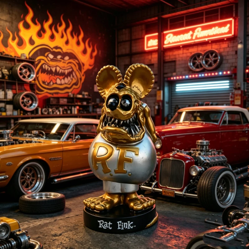 Фото Многоцветная фигурка Rat Fink, культовая фигура в стиле Hot Rod, вдохновленная Эдом Ротом, ретро-украшение для стола/автомобиля, идеальная для коллекции. №5