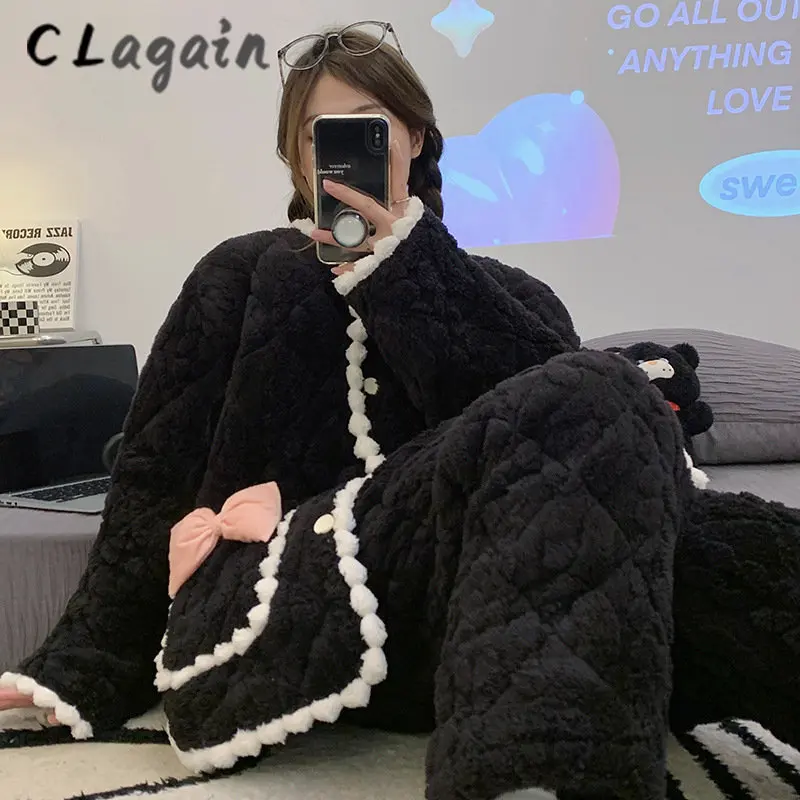 2022 New Coralline pyjamas Women's Winter three-layer cotton-padded flannel warm warm girl lovely home dress set