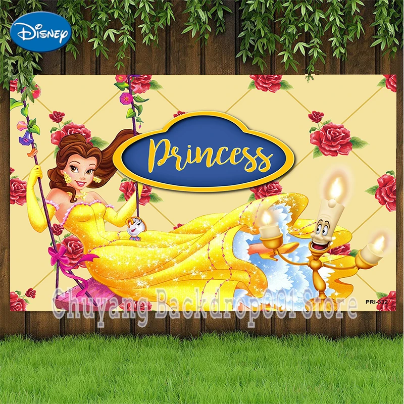 Disney Cartoon Yellow Beauty and The Beast Birthday Party Background Photo Princess Happy Birthday Photography Backdrop Children