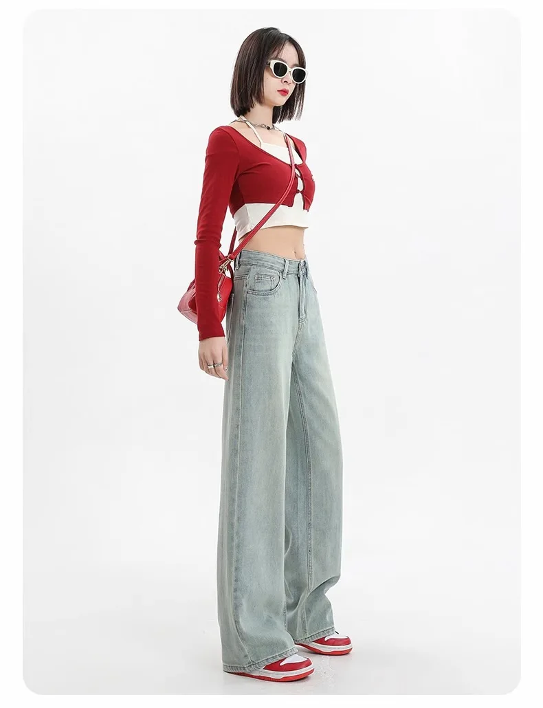 2024 новые широкие джинсы в стиле ретро узкое издание с высокой талией женские