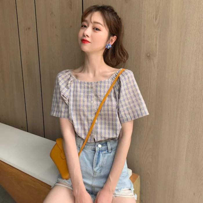 

Short-sleeved Plaid Shirt Women's Summer 2022 Korean Fashion Loose Square Collar All-match Girl Student Short-sleeved Top