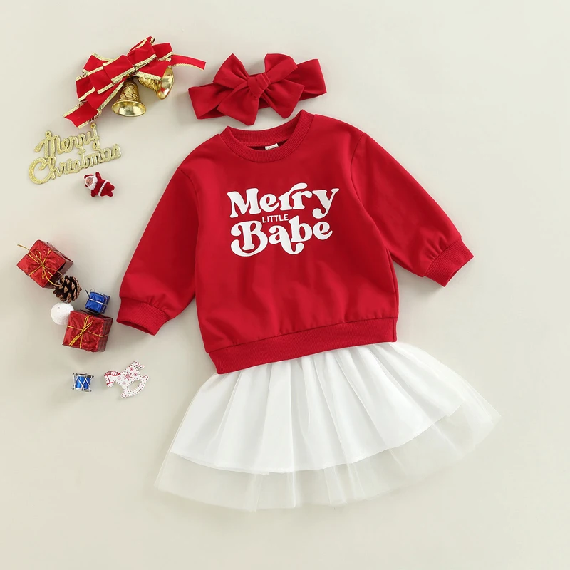 

Рождественская Одежда для маленьких девочек 3 шт., свитшот с круглым вырезом и буквенным принтом + Тюлевая юбка + повязка на голову, комплект для малышей от 0 до 24 месяцев