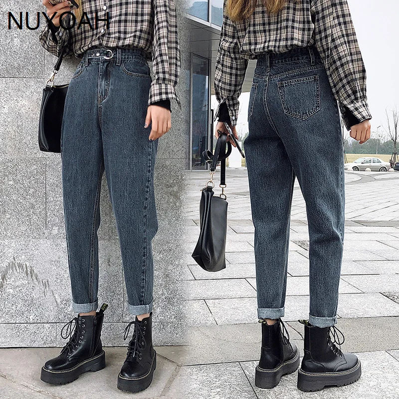 

Джинсы женские с завышенной талией, свободные стройнящие прямые штаны-султанки с высокой талией и широкими штанинами, изящные брюки-султан...