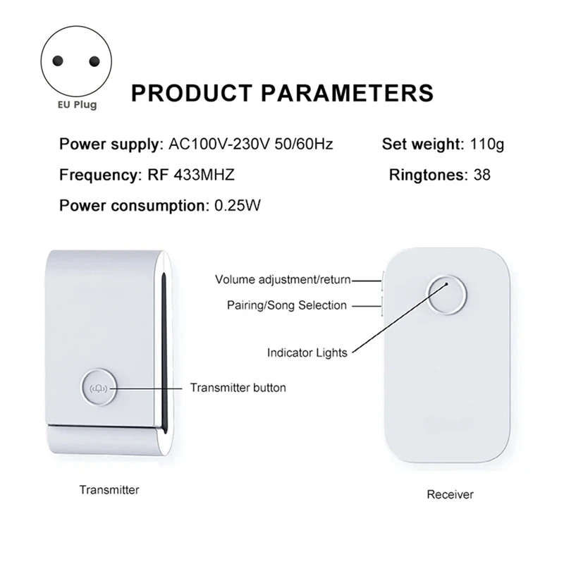 Автономный беспроводной дверной звонок 433 МГц 38 мелодий звонка Звонок Dingdong для