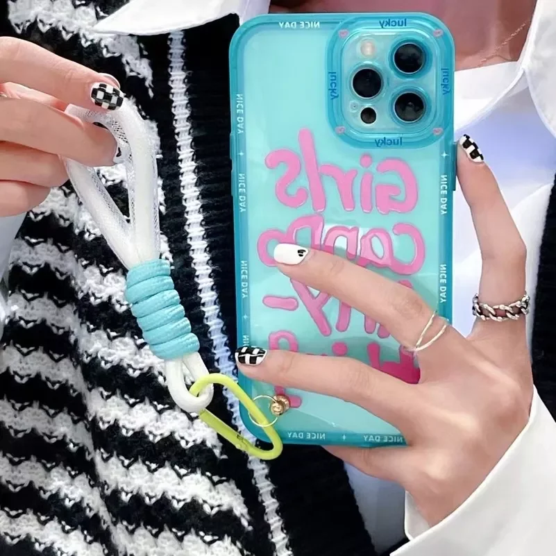 

New Fashion For iPhone 13 Pro Max 11 12 Pro Xs Max XR X 7 8 Plus Hand Straps Short Rope Soft TPU Cover Fluorescent Letters Phon