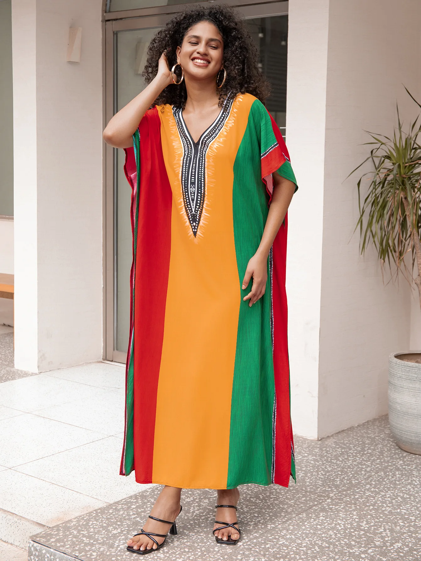 Женские Пляжные Кафтаны С Цветным Принтом Летние Богемные Платья Макси Накидки