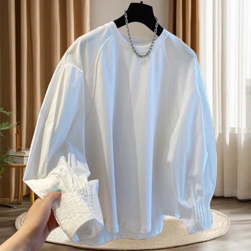 

SuperAen Lantern Sleeve Pleated Panels Shirt Women's Loose Casual Shirt Korean Design Women Shirt Tops