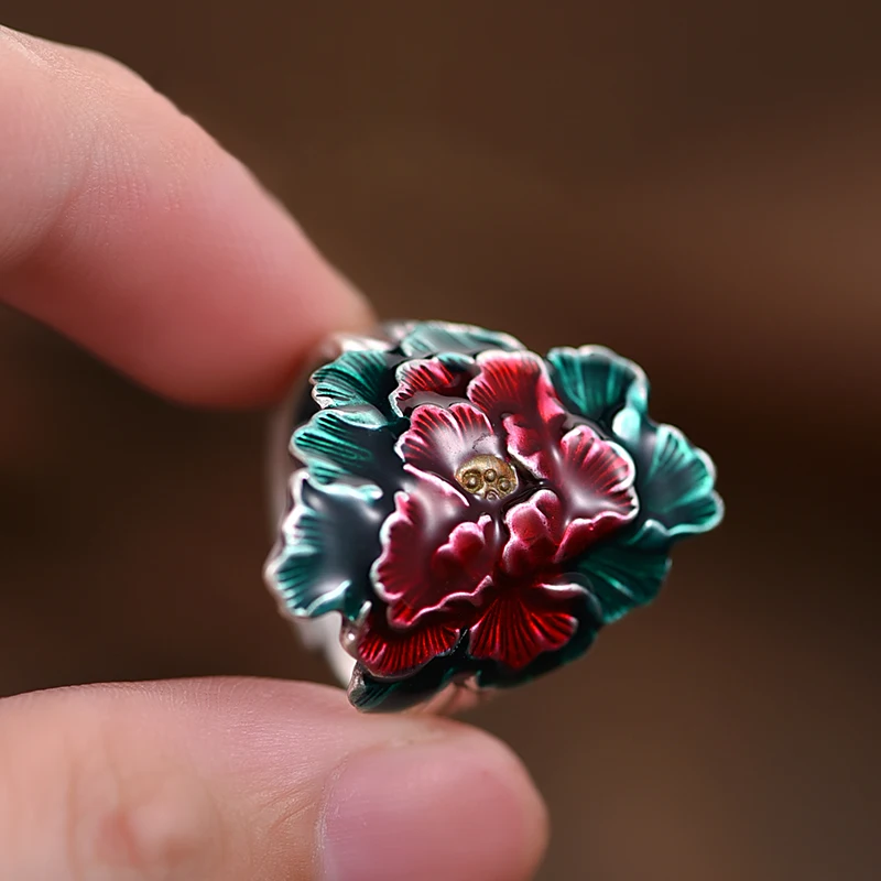 Кольцо ZABRA из стерлингового серебра 990 эмалированное кольцо с пионом для женщин