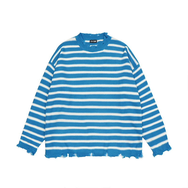 

Retro Frayed Contrast Color Striped Round Neck Men's Sweaters Ripped Hip Hop Harajuku Oversized Pullover Couple Autumn Clothes