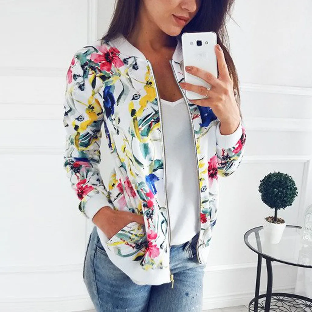 

Womens Ladies Retro Floral Printing Zipper Up Jacket Casual Tops Coat Outwear