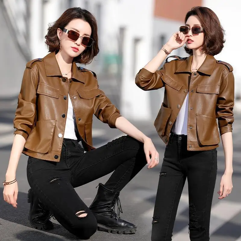 Fashion Spring and Autumn Short Solid Color Leather Jacket Women Korean Casual Temperament Stand-up Collar Short Jacket Women