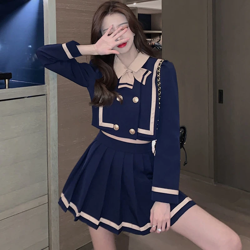 Женский комплект из блузки и юбки с высокой талией двухбортная плиссированная