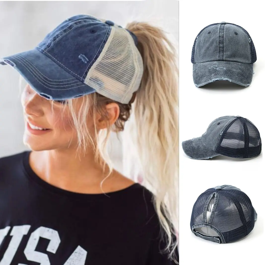

Vintage Ponytail Baseball Cap Women Adjustable Snapback Hat Mesh Distressed Summer Cap Woman Sunhat