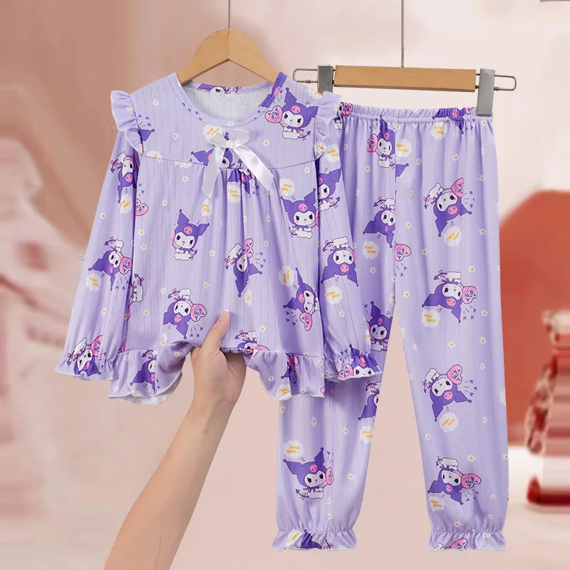 Kawaii Anime Cartoon Sanrio Cute My Melody Kuromi Cinnamoroll Hello Kitty Children's Pajamas Long-Sleeved Set Home Clothes