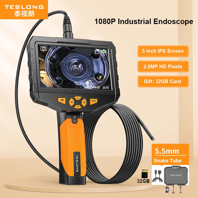 

TESLONG 5.5mm Industrial Endoscope Camera 2.0MP Inspection Camera 5 Inch LCD Screen 1280P HD IP67 1m Borescope 6 LEDS 32GB Card