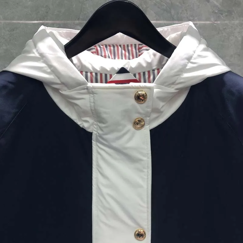 TB THOM Men's Jacket Coat Patchwork Gold Button Classic Streipd Design Coat Luxury Brand Winter Coat Hooded Women Outerwear Coat
