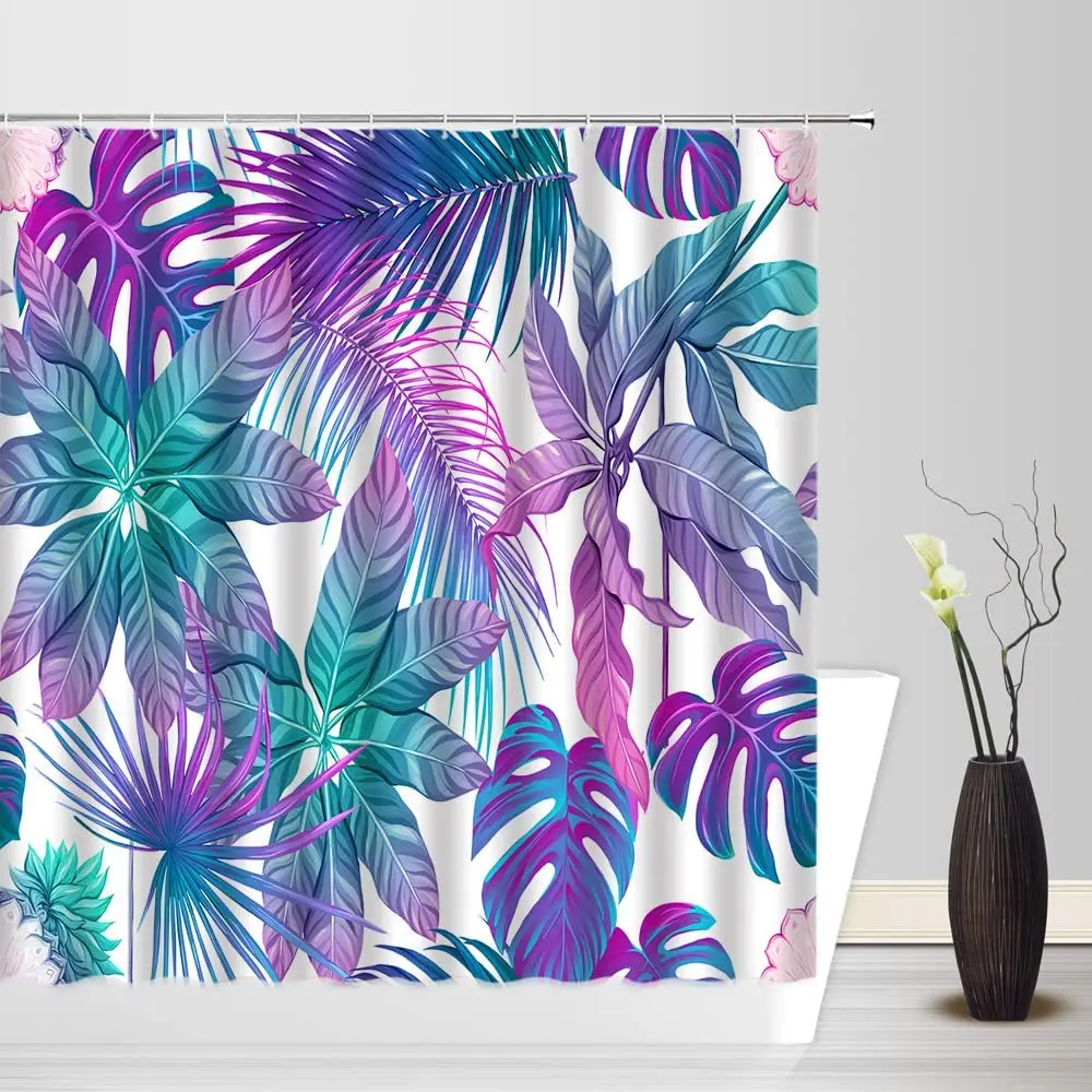 

Tropical Palm Leaf Shower Curtain Colorful Monstera Leaves Nature Jungle Fresh Botanical Waterproof with Hooks Bath Curtains