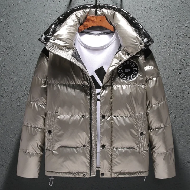 Mens Fashion Shiny Letter Embroidered Winter Warm Jacket 2022 Colorblock Removable Hooded Parkas Outdoor Sports Jackets