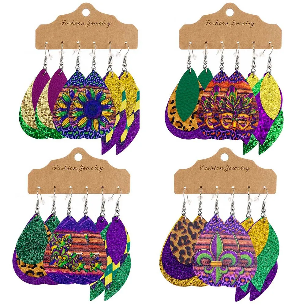 

3 Pairs/set Glitter Leather Leaf Earrings for Women Mardi Gras Earring Purple Green Gold Color Statement Earring Gift Wholesale