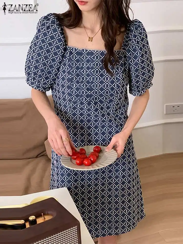 

ZANZEA Women All Over Printed Mini Dress Elegant Square Neck Short Puff Sleeve A-line Short Vestidos Korean Fashion Sundress