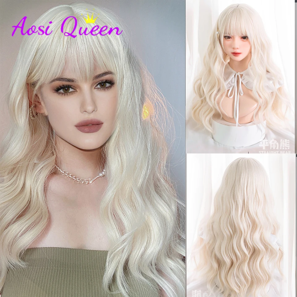 

AS Long Wavy Hair Blonde Highlight Pink milk orange Synthetic Lolita Wigs With Bangs For Women Fashion Female Cosplay Party Wigs