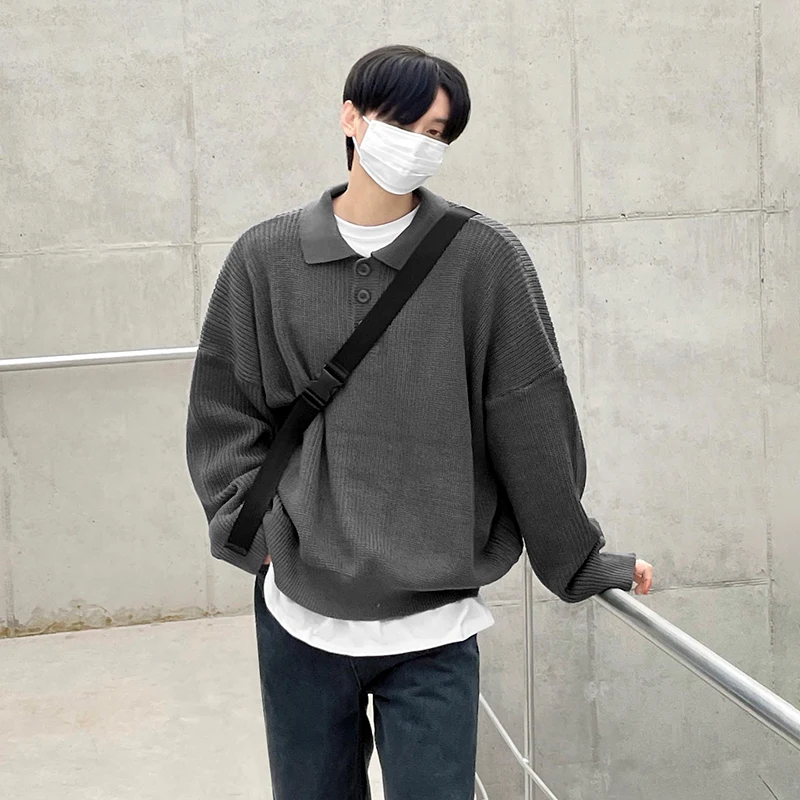 

Men's Oversize Knitted Pullover Sweater Vintage Solid Color Turn-down Collar Autumn and Winter Male Knitting Sweaters T12