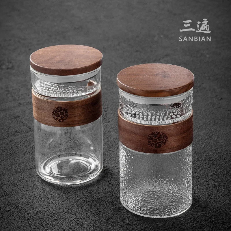 

★★Three Times Wooden Cover Hammered Pattern Glass Cup Green-Tea Cup Tea Water Separation with Cover Strain Office Tea Infuser